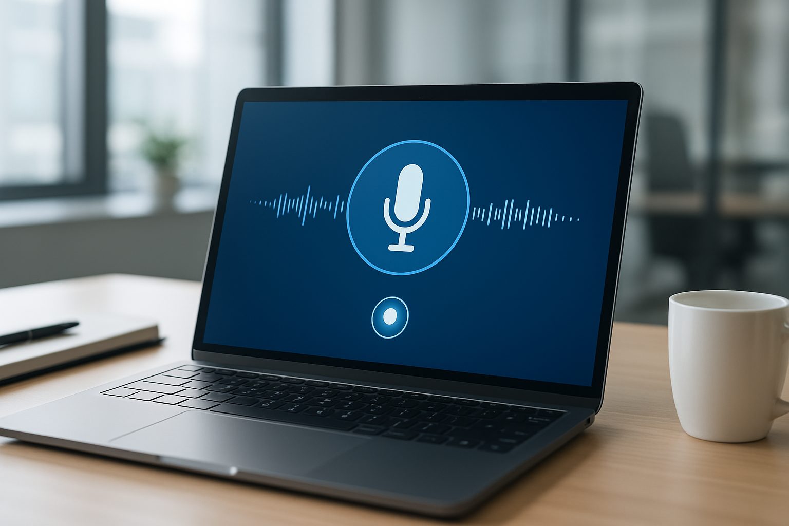 A laptop displaying a microphone icon and audio waveform on the screen, with a coffee cup in the foreground