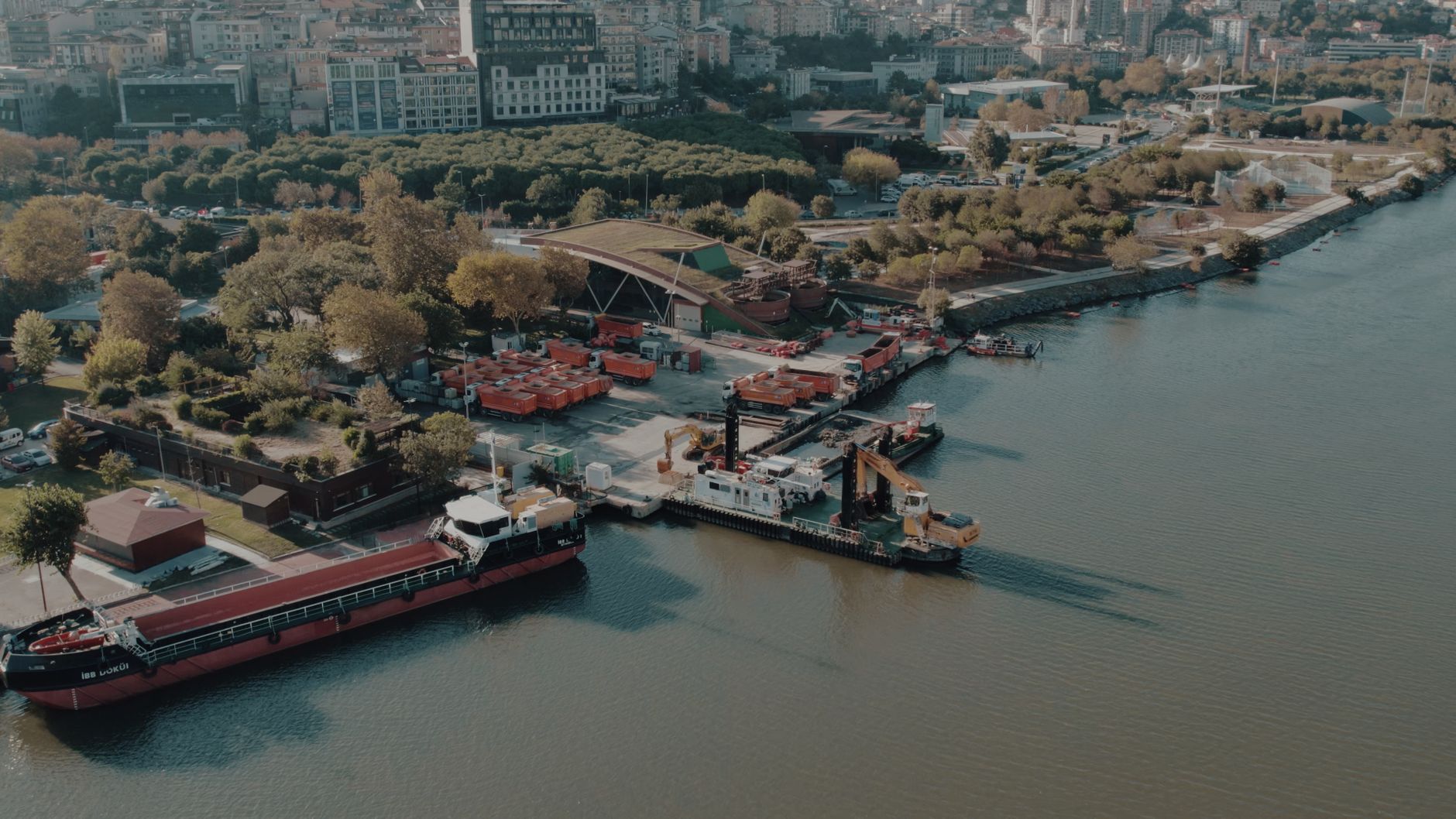 Aerial shot of Istanbul waterfront showing ships docked along a lush green shoreline. — Reach the Right People at the